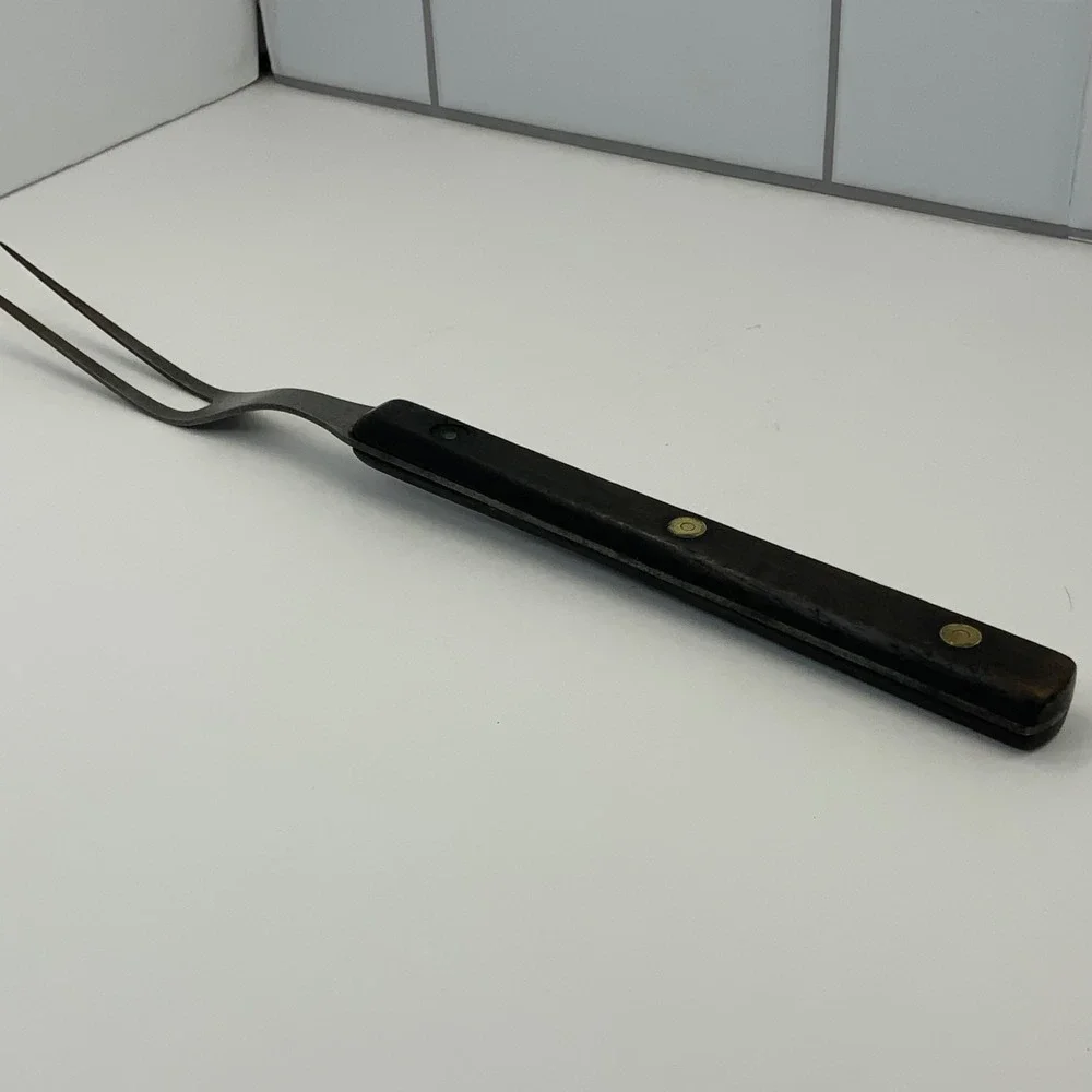 Vintage Unbranded Two Tine Carving Fork Wood Carbon Steel Brown 10.75in
